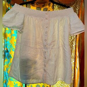 Anthropologie Lucille Off The Shoulder White Smocked Button Front Blouse S